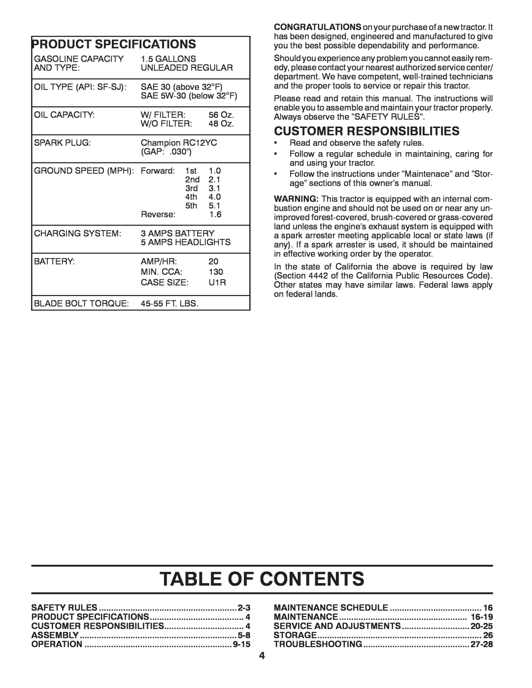 McCulloch 96041011501, 532 42 27-27 Rev. 2 manual Table Of Contents, Product Specifications, Customer Responsibilities 