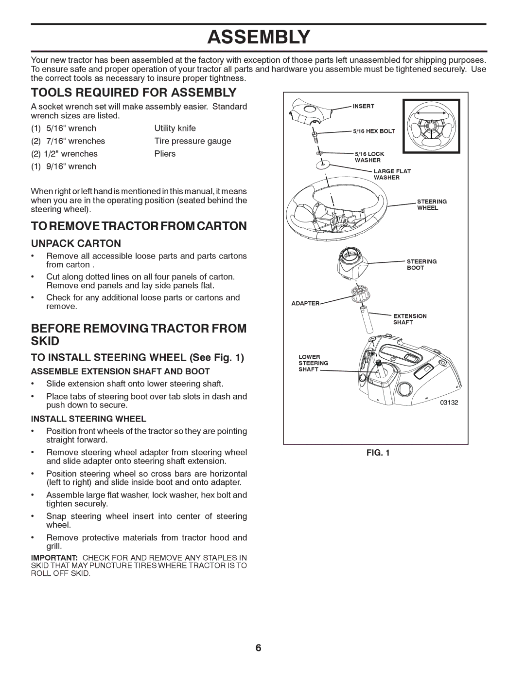 McCulloch 96041011600 manual Tools Required for Assembly, Toremovetractorfromcarton, Before Removing Tractor from Skid 