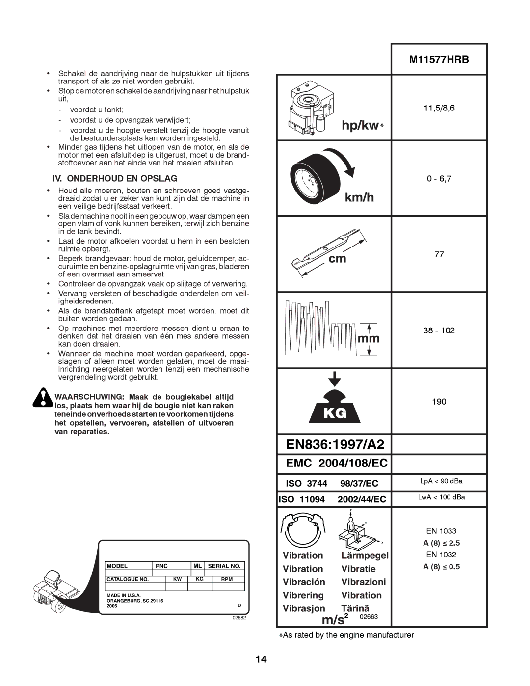 McCulloch 96041012400, M11577HRB instruction manual IV. Onderhoud EN Opslag, 11,5/8,6, 190 