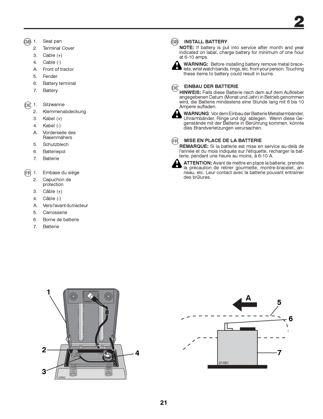 McCulloch M11577HRB, 96041012400 instruction manual Install Battery Einbau DER Batterie, Mise EN Place DE LA Batterie 