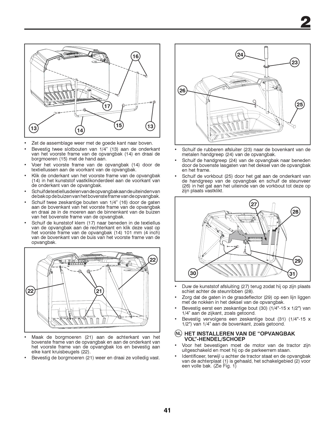 McCulloch M11577HRB, 96041012400 instruction manual HET Installeren VAN DE Opvangbak, Vol-Hendel/Schoep 