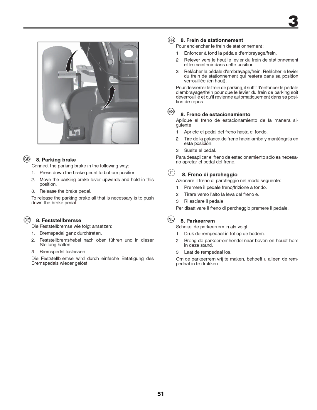 McCulloch M11577HRB Parking brake, Feststellbremse, Frein de stationnement, Freno de estacionamiento, Freno di parcheggio 