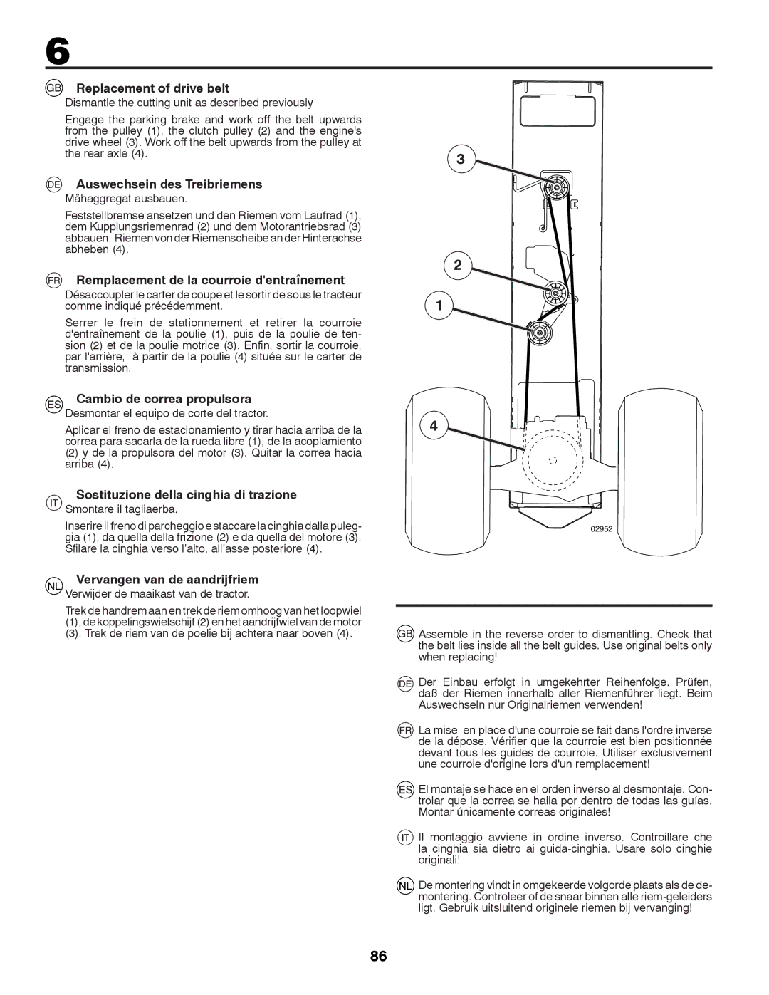 McCulloch 96041012400 Replacement of drive belt, Auswechsein des Treibriemens, Remplacement de la courroie dentraînement 