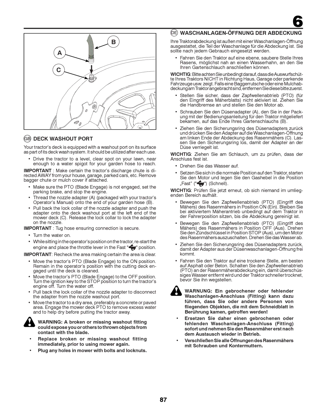 McCulloch M11577HRB, 96041012400 instruction manual Deck Washout Port, WASCHANLAGEN-ÖFFNUNG DER Abdeckung 