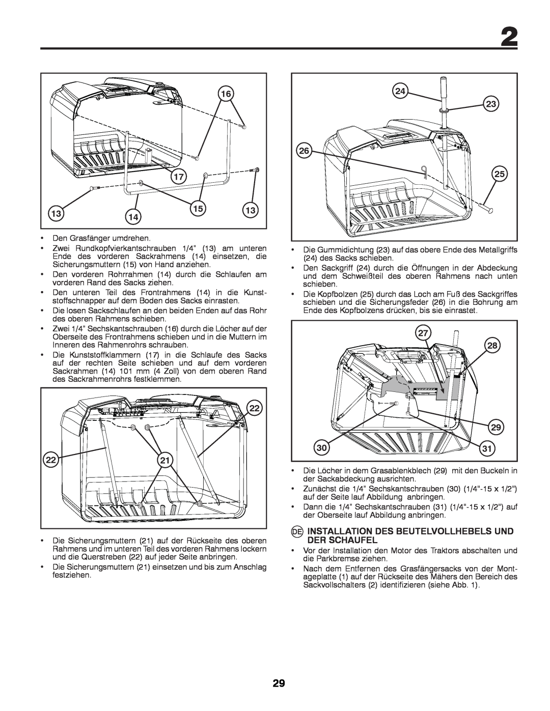 McCulloch M11577HRB, 96041012400 instruction manual Installation Des Beutelvollhebels Und, Der Schaufel 