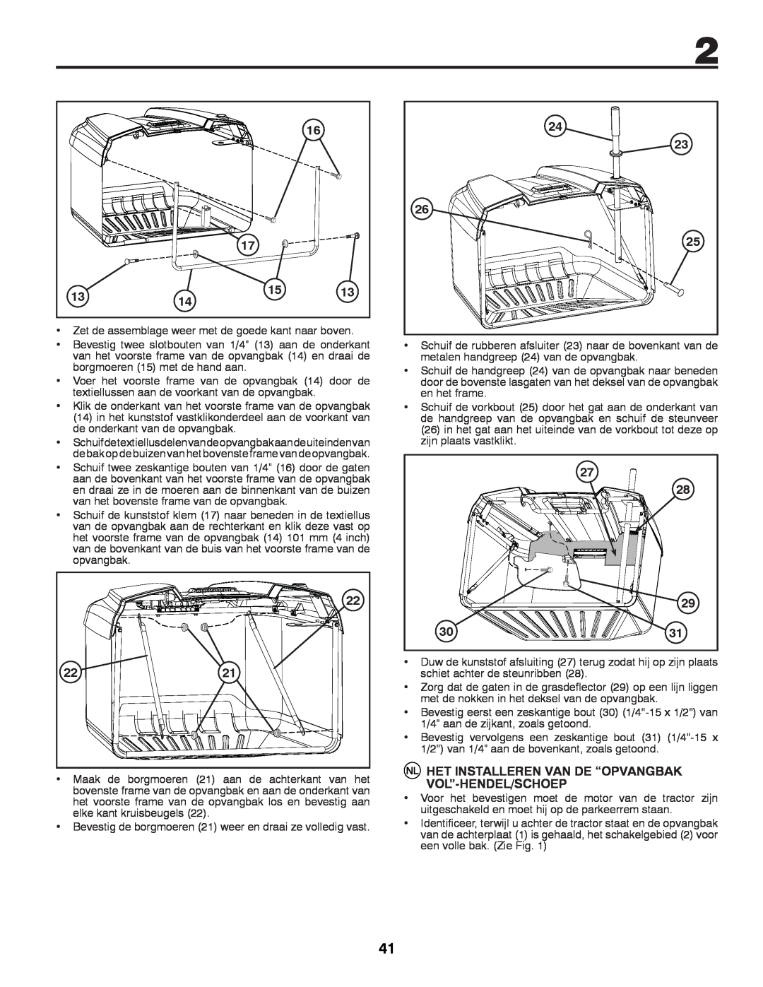 McCulloch M11577HRB, 96041012400 instruction manual Het Installeren Van De “Opvangbak, Vol”-Hendel/Schoep 