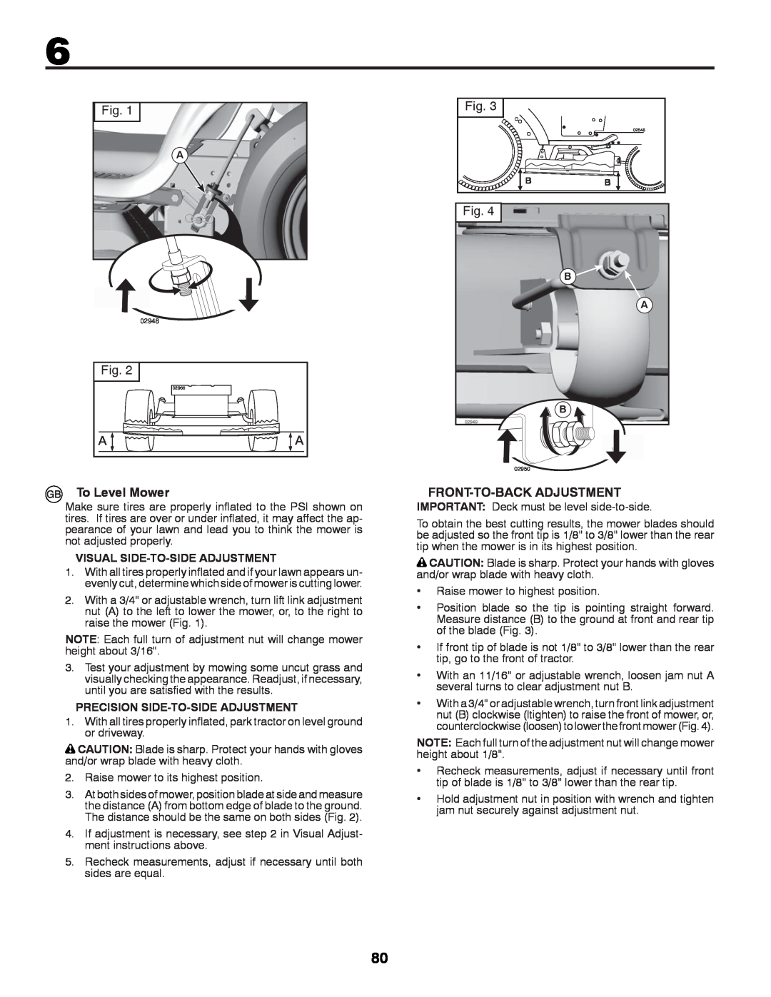 McCulloch 96041012400, M11577HRB instruction manual Fig, To Level Mower, Front-To-Backadjustment 