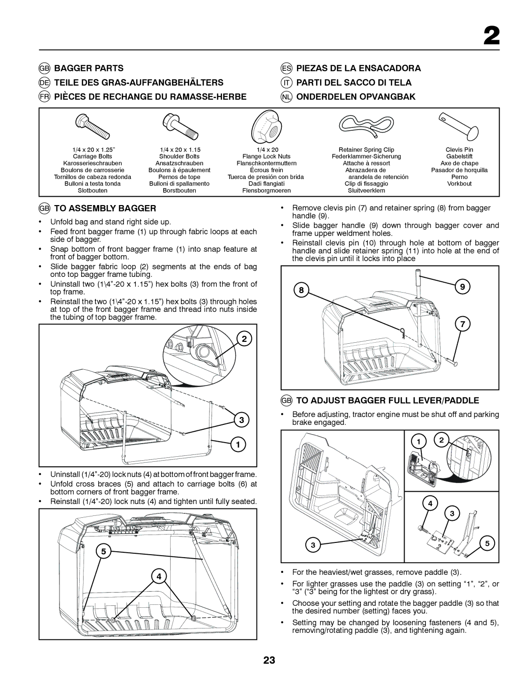 McCulloch 532 43 18-99 Rev. 1, 96041012401 instruction manual To Assembly Bagger, To Adjust Bagger Full LEVER/PADDLE 