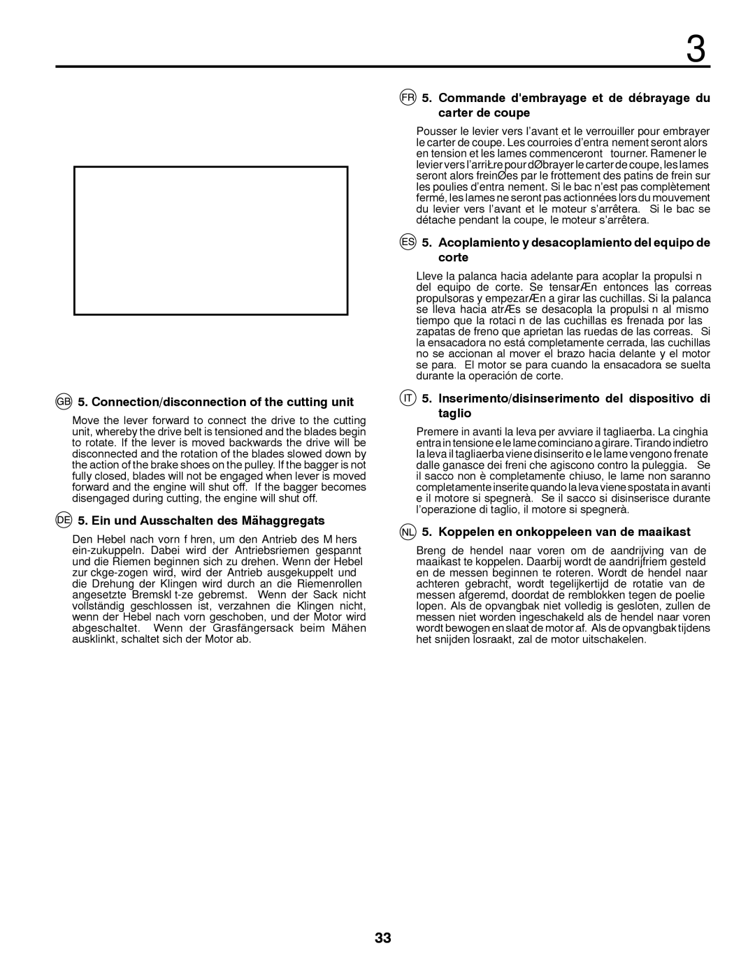 McCulloch 532 43 18-99 Rev. 1 Connection/disconnection of the cutting unit, Ein und Ausschalten des Mähaggregats 