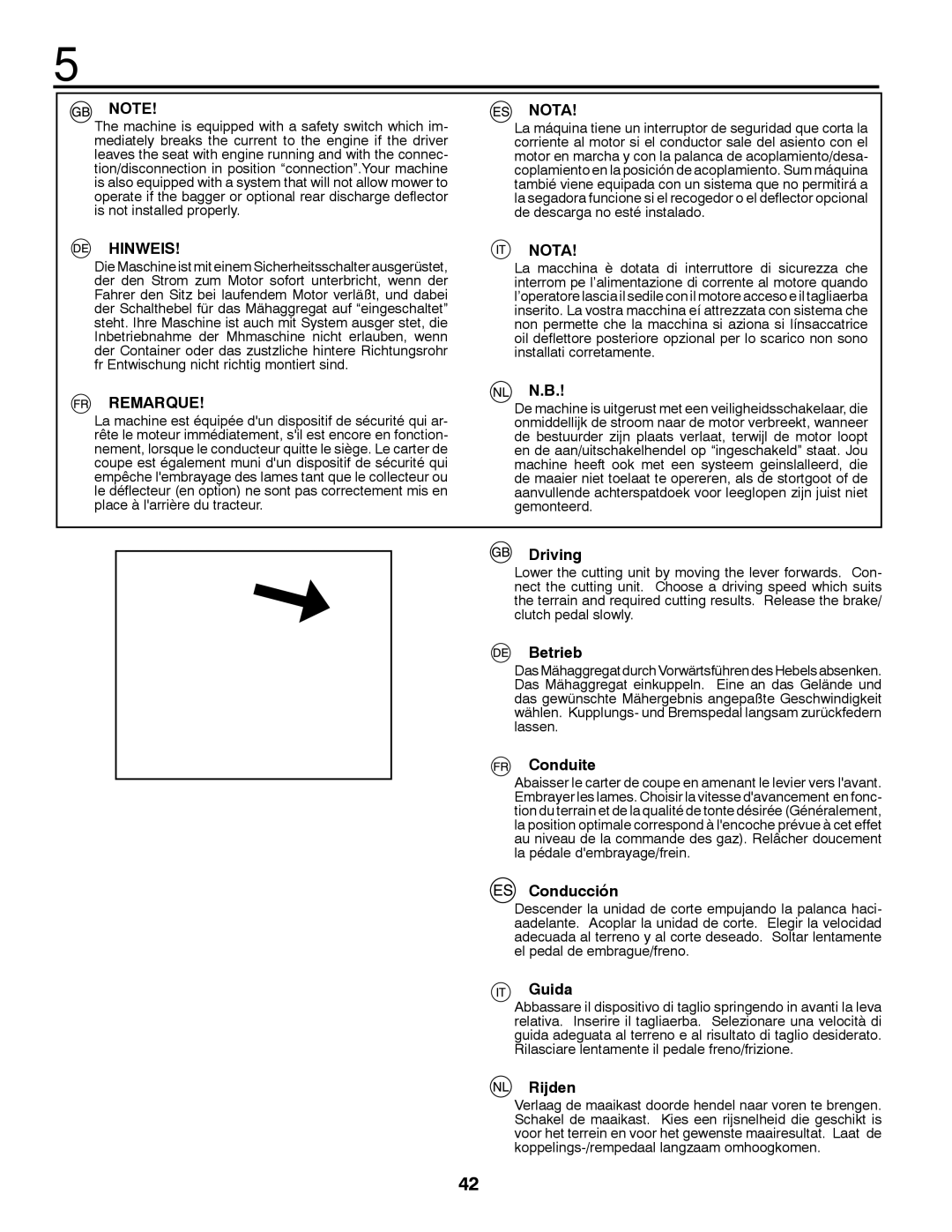 McCulloch 96041012401, 532 43 18-99 Rev. 1 instruction manual Driving, Betrieb, Conduite, Conducción, Guida, Rijden 