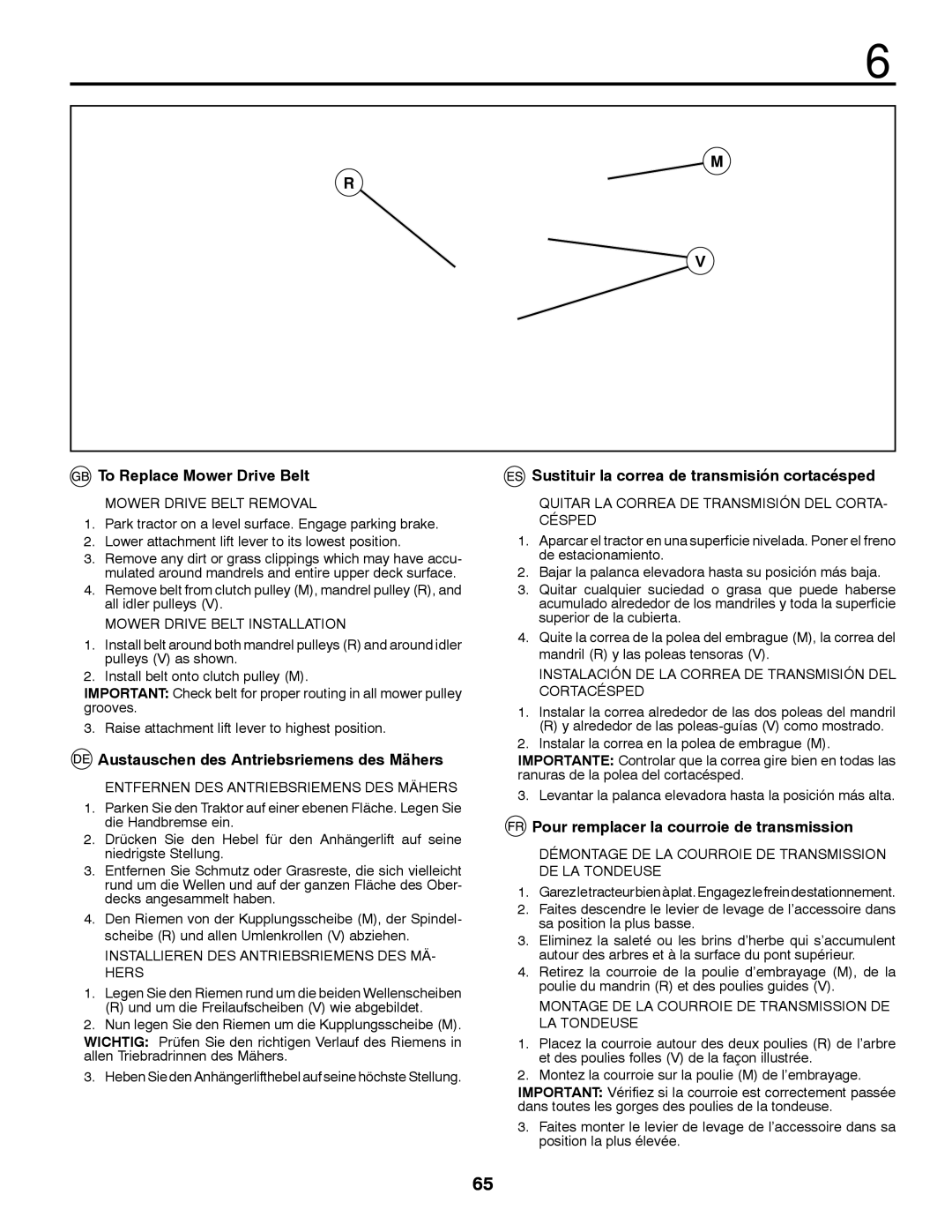 McCulloch 532 43 18-99 Rev. 1, 96041012401 To Replace Mower Drive Belt, Austauschen des Antriebsriemens des Mähers 