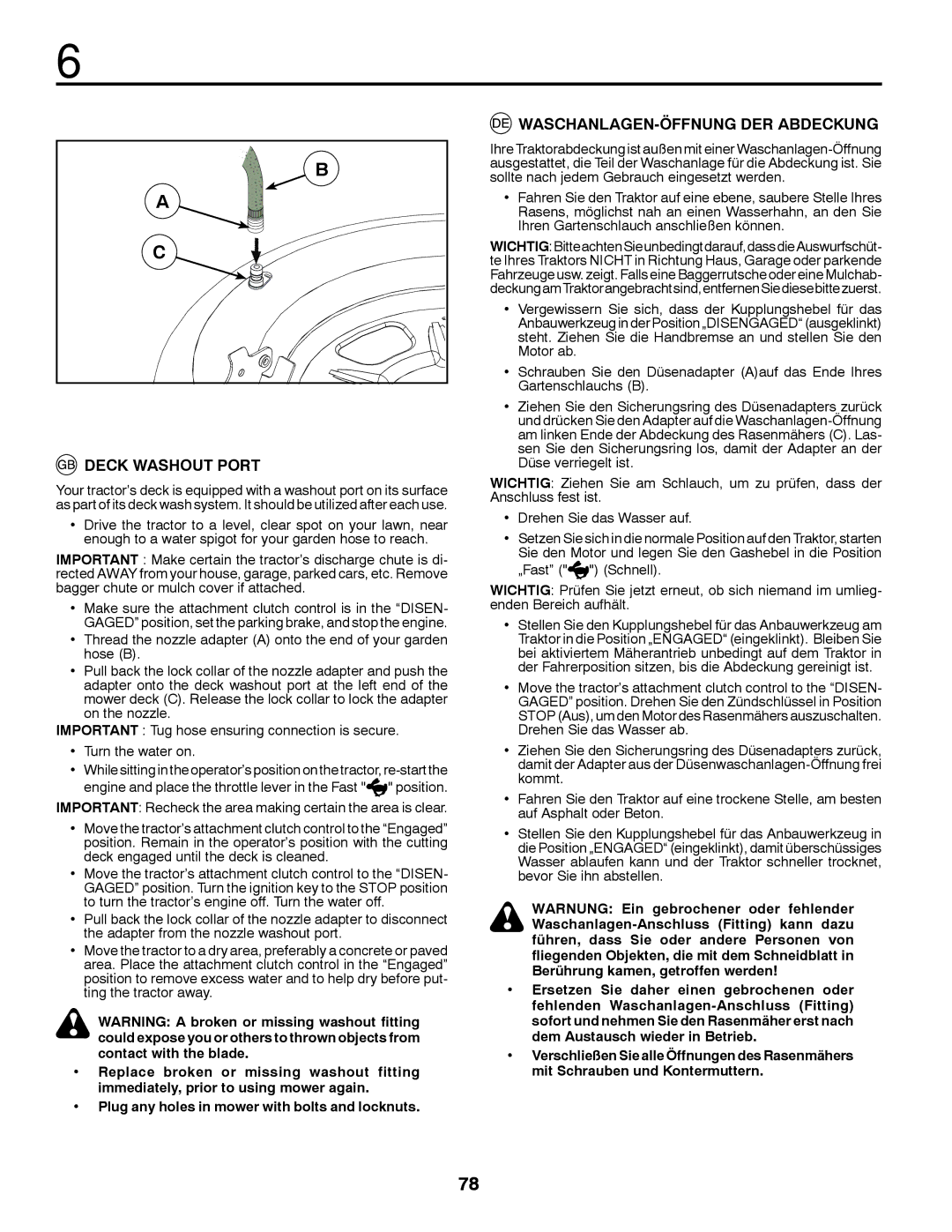 McCulloch 96041012401, 532 43 18-99 Rev. 1 instruction manual Deck Washout Port, WASCHANLAGEN-ÖFFNUNG DER Abdeckung 