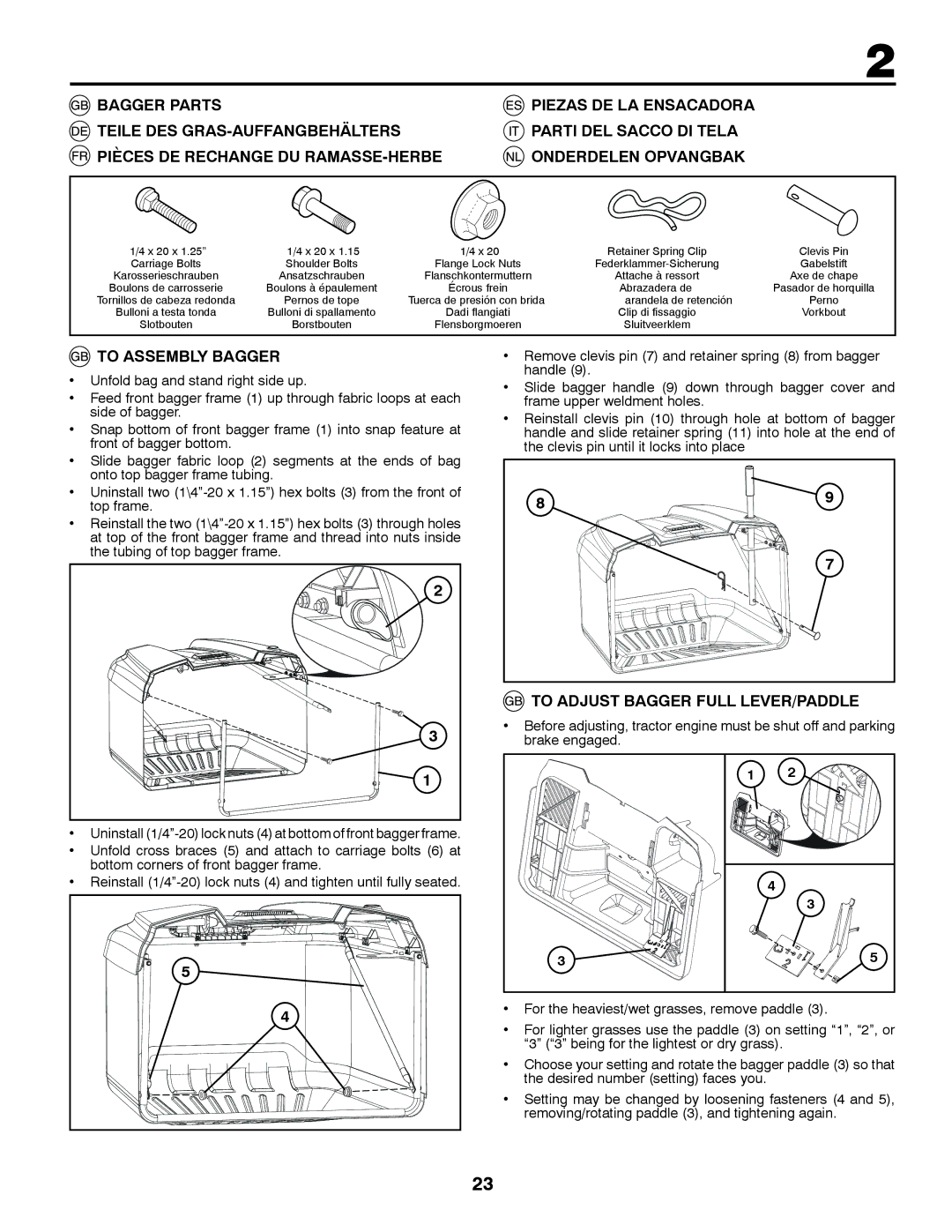 McCulloch 96041016500 instruction manual To Assembly Bagger, To Adjust Bagger Full LEVER/PADDLE 