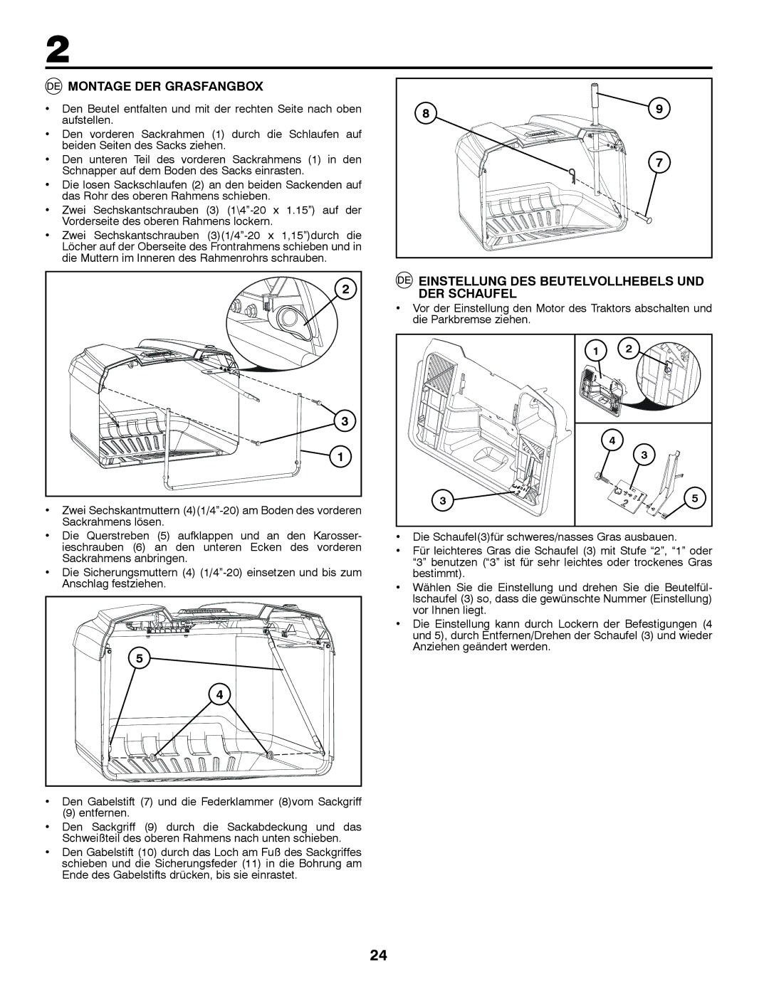 McCulloch 96041016500 instruction manual Montage DER Grasfangbox, Einstellung DES Beutelvollhebels UND DER Schaufel 