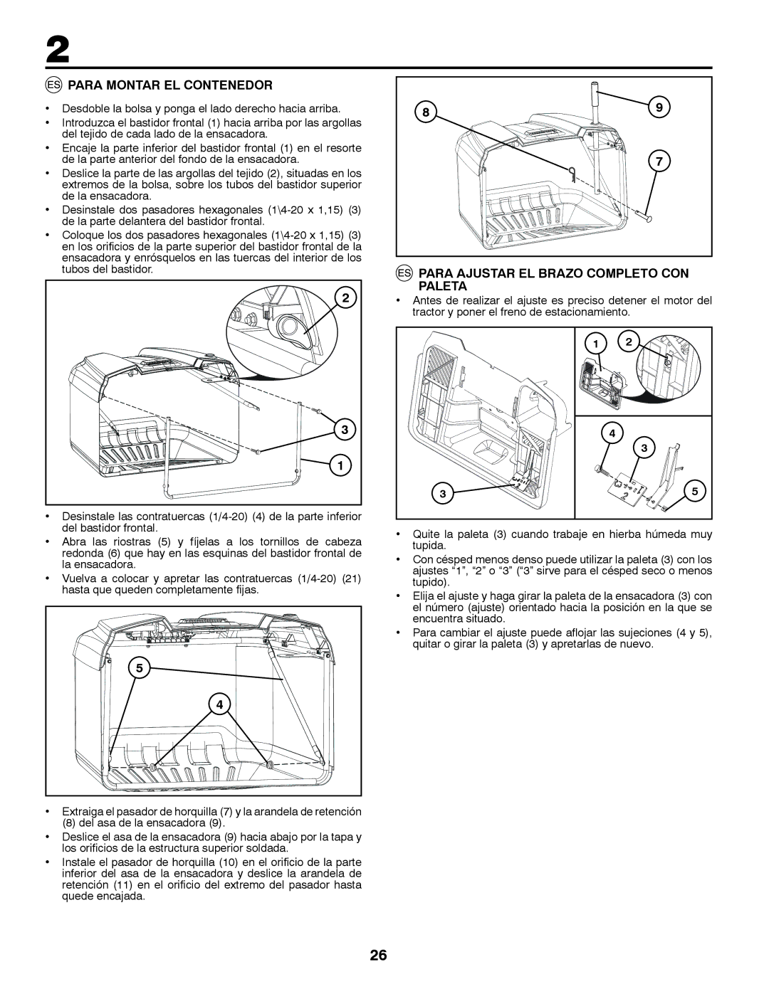 McCulloch 96041016500 instruction manual Para Montar EL Contenedor, Para Ajustar EL Brazo Completo CON Paleta 