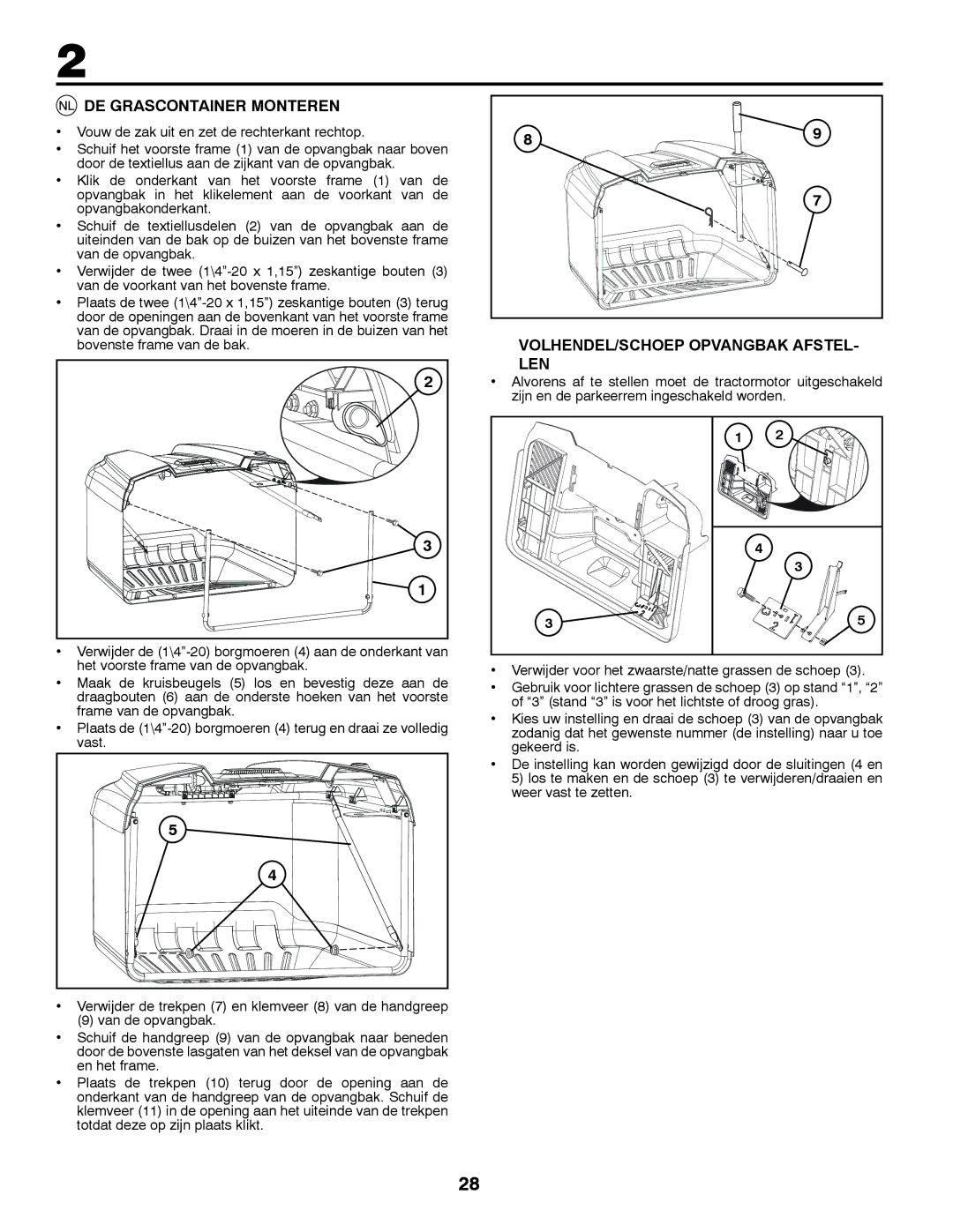 McCulloch 96041016500 instruction manual DE Grascontainer Monteren, VOLHENDEL/SCHOEP Opvangbak AFSTEL- LEN 