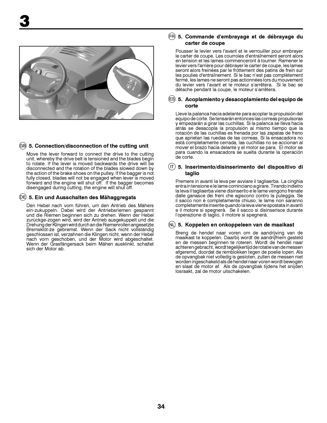 McCulloch 96041016500 instruction manual Connection/disconnection of the cutting unit, Ein und Ausschalten des Mähaggregats 