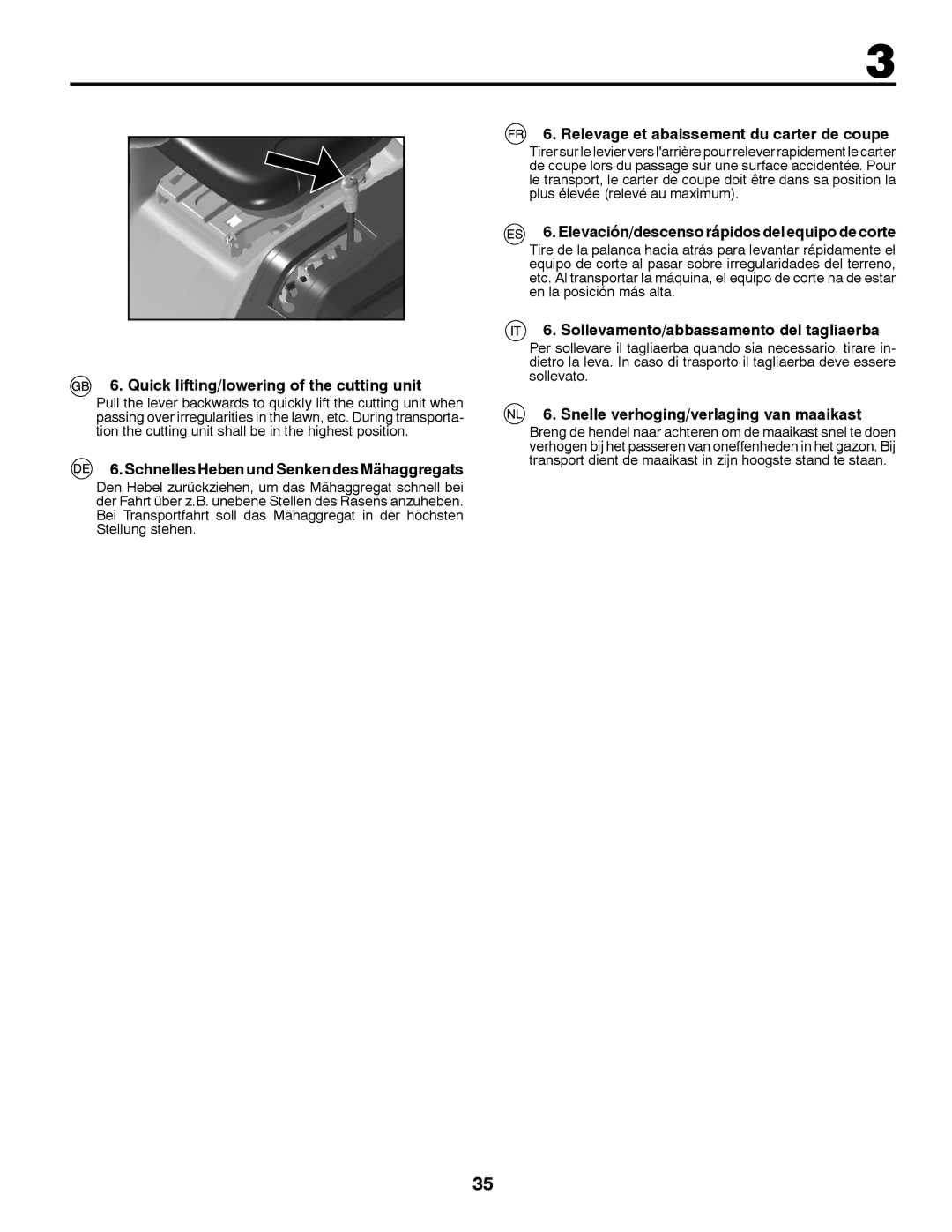 McCulloch 96041016500 Quick lifting/lowering of the cutting unit, Schnelles Heben und Senken des Mähaggregats 