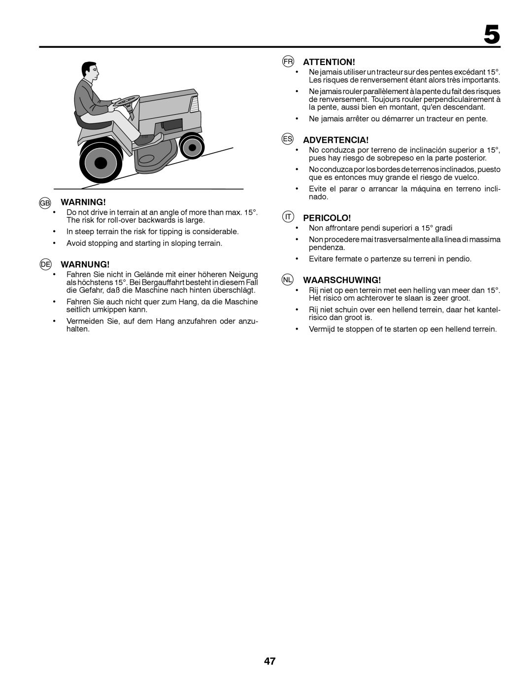 McCulloch 96041016500 instruction manual Warnung, Advertencia, Pericolo, Waarschuwing 