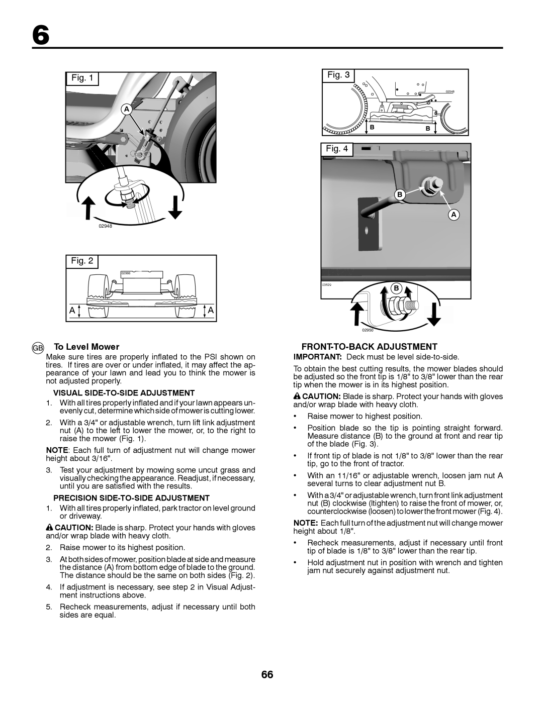 McCulloch 96041016500 instruction manual To Level Mower, FRONT-TO-BACK Adjustment, Visual SIDE-TO-SIDE Adjustment 