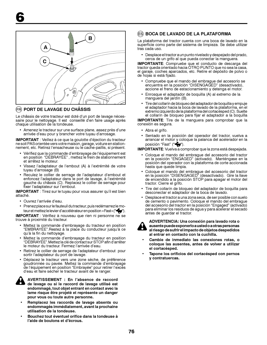 McCulloch 96041016500 instruction manual Boca DE Lavado DE LA Plataforma, Port DE Lavage DU Châssis 