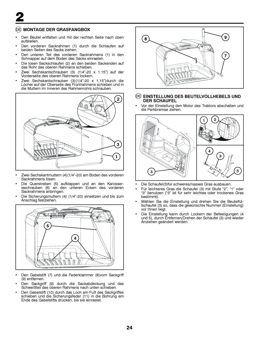 McCulloch 96041016500 instruction manual Montage Der Grasfangbox, Einstellung Des Beutelvollhebels Und Der Schaufel 