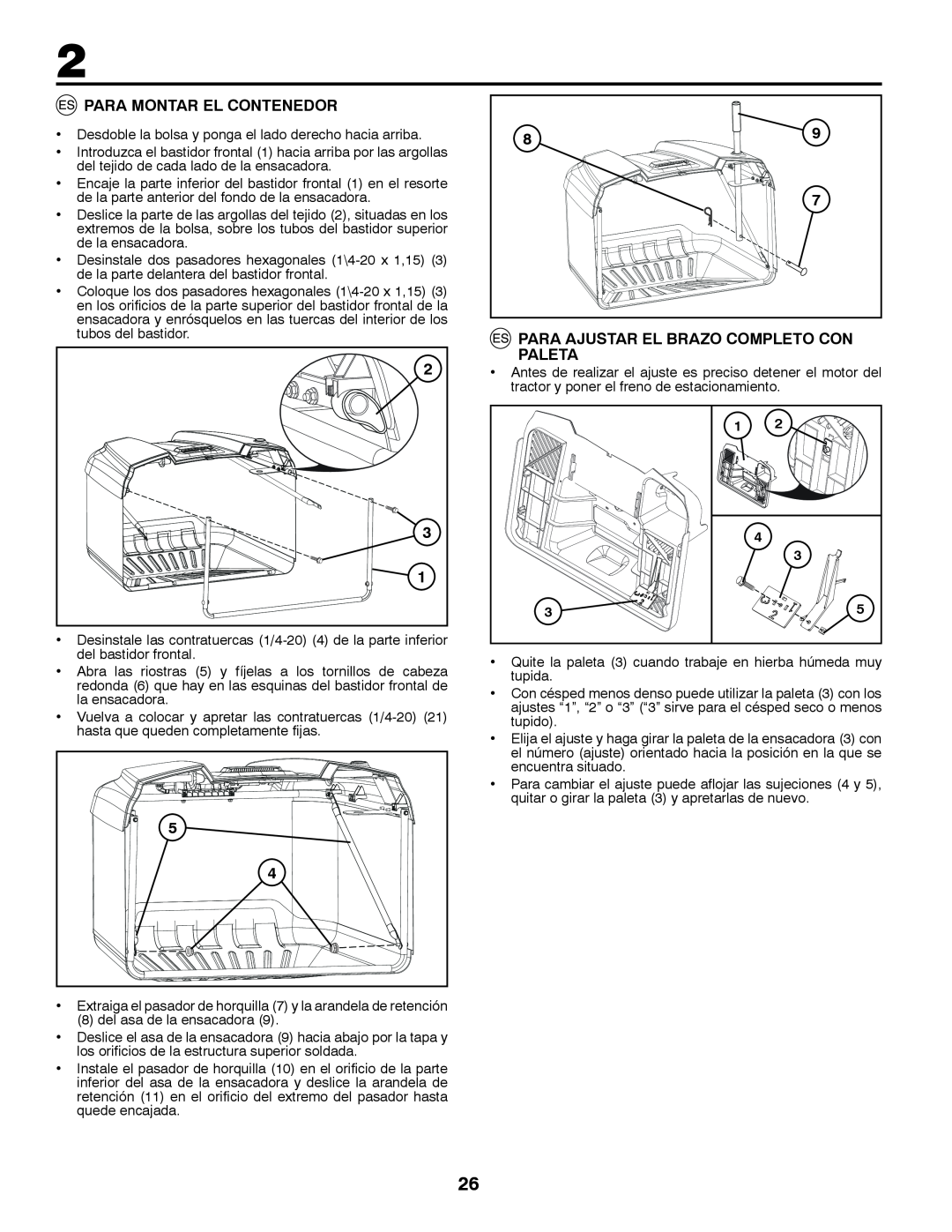 McCulloch 96041016500 instruction manual Para Montar El Contenedor, Para Ajustar El Brazo Completo Con Paleta 