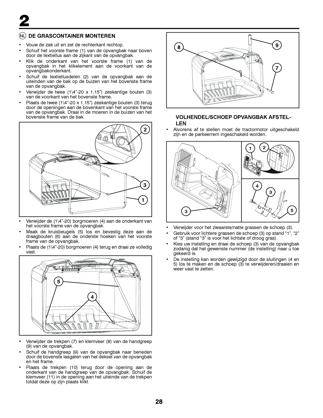 McCulloch 96041016500 instruction manual De Grascontainer Monteren, Volhendel/Schoep Opvangbak Afstel- Len 