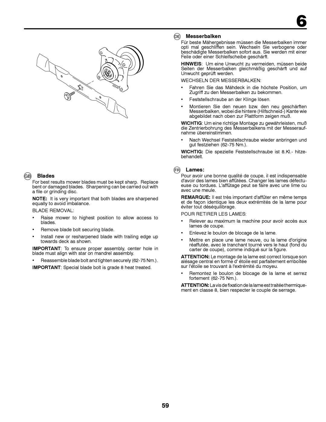 McCulloch 96041016500 instruction manual Blades, Messerbalken, Lames 