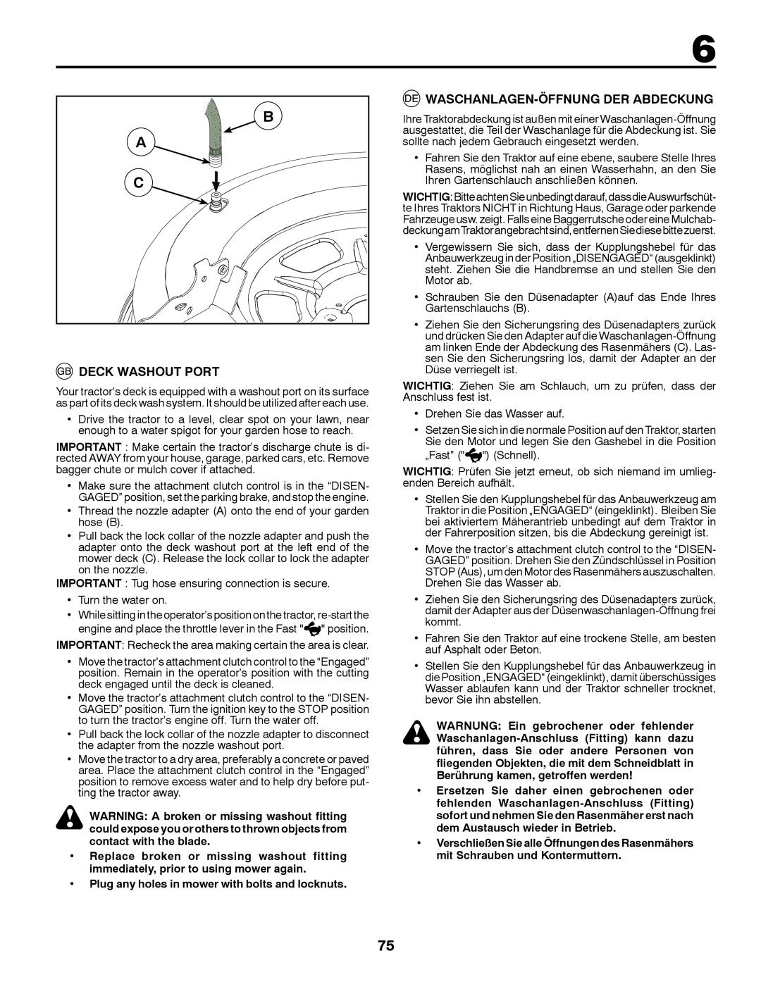 McCulloch 96041016500 instruction manual Deck Washout Port, Waschanlagen-Öffnung Der Abdeckung 