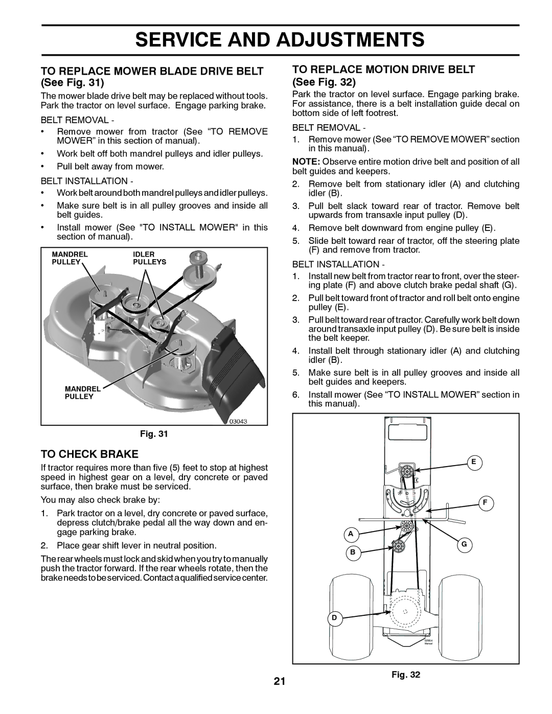 McCulloch 532 43 45-03 To Replace Mower Blade Drive Belt See Fig, To Check Brake, To Replace Motion Drive Belt See Fig 