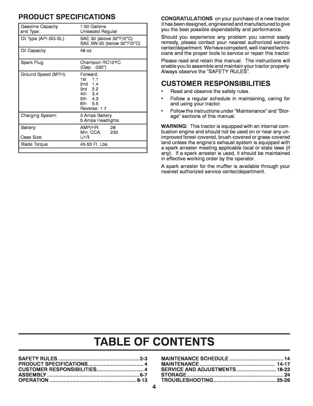 McCulloch 96041017700, 532 43 45-03 manual Table Of Contents, Product Specifications, Customer Responsibilities 