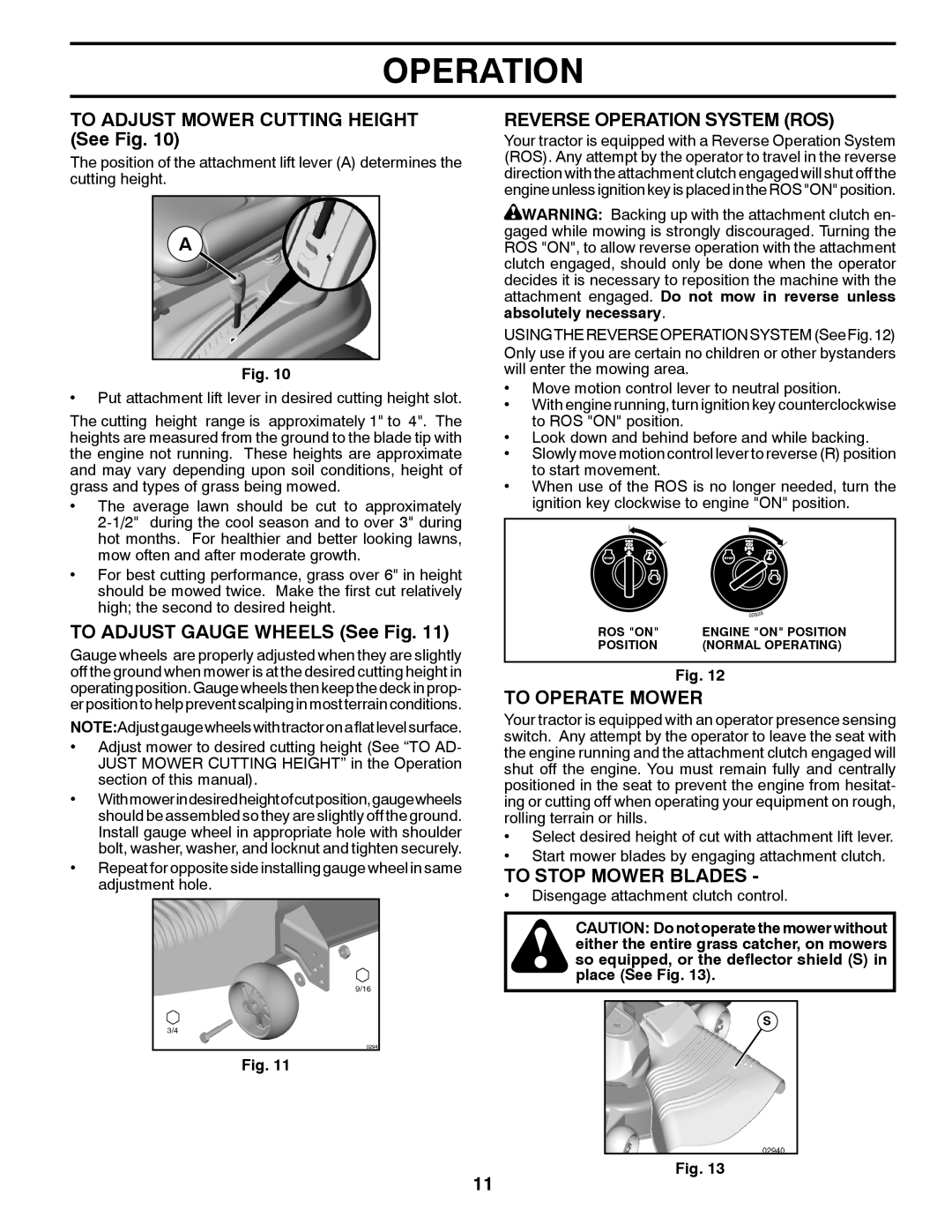 McCulloch 96041018000 To Adjust Mower Cutting Height See Fig, To Adjust Gauge Wheels See Fig, Reverse Operation System ROS 