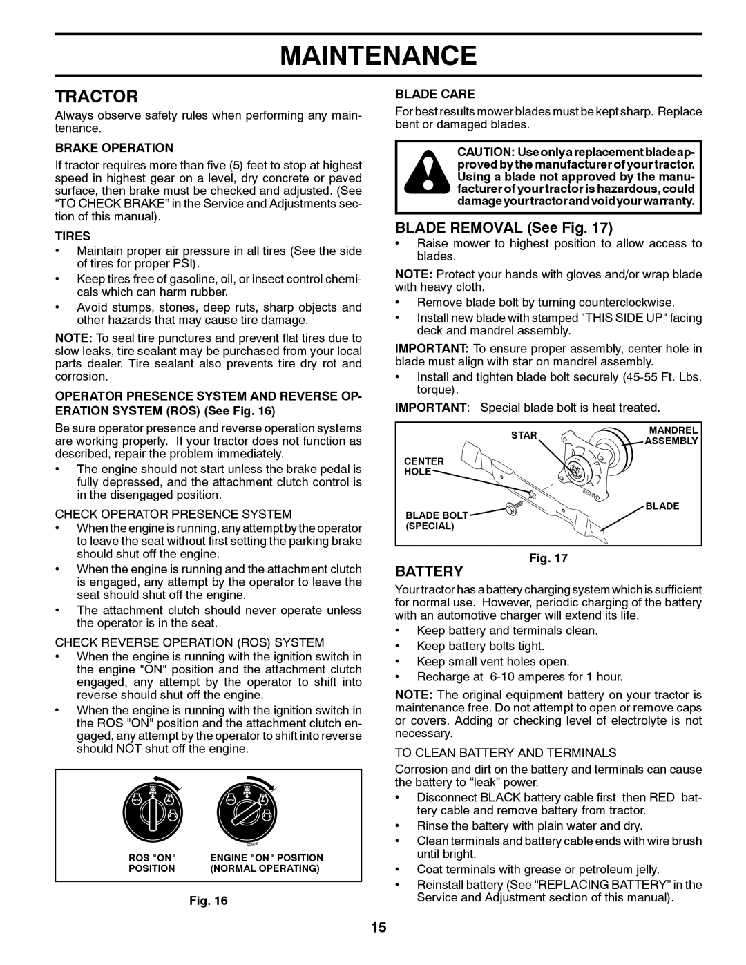 McCulloch 96041018000 manual Tractor, Blade Removal See Fig, Battery 