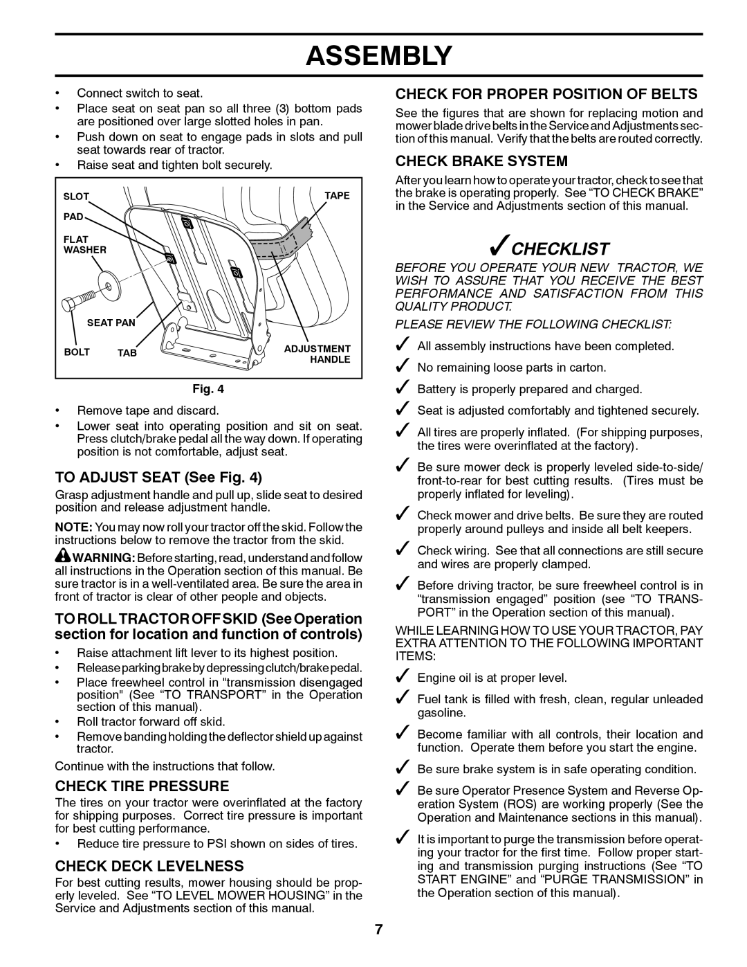 McCulloch 96041018000 manual To Adjust Seat See Fig, Check Tire Pressure, Check Deck Levelness 