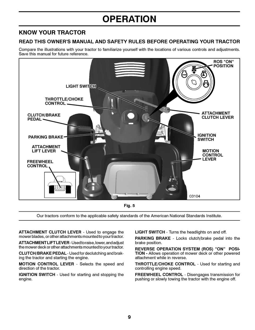 McCulloch 96041018000 manual Know Your Tractor, ROS on, Position 