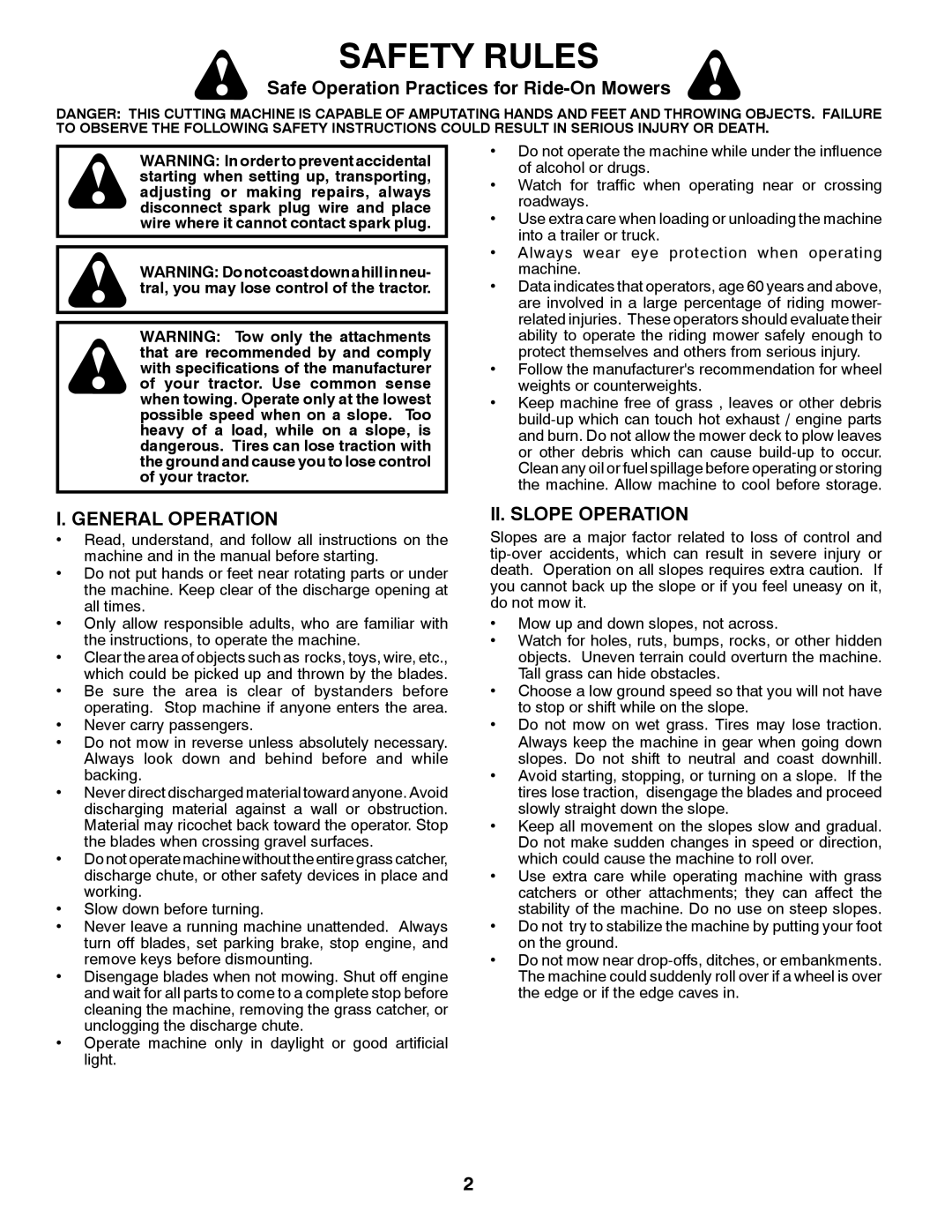 McCulloch 96041018000 Safety Rules, Safe Operation Practices for Ride-On Mowers, I. General Operation, Ii. Slope Operation 