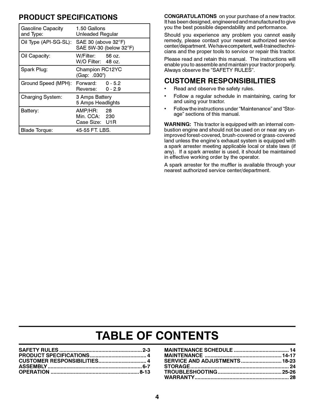 McCulloch 96041018000 manual Table Of Contents, Product Specifications, Customer Responsibilities 