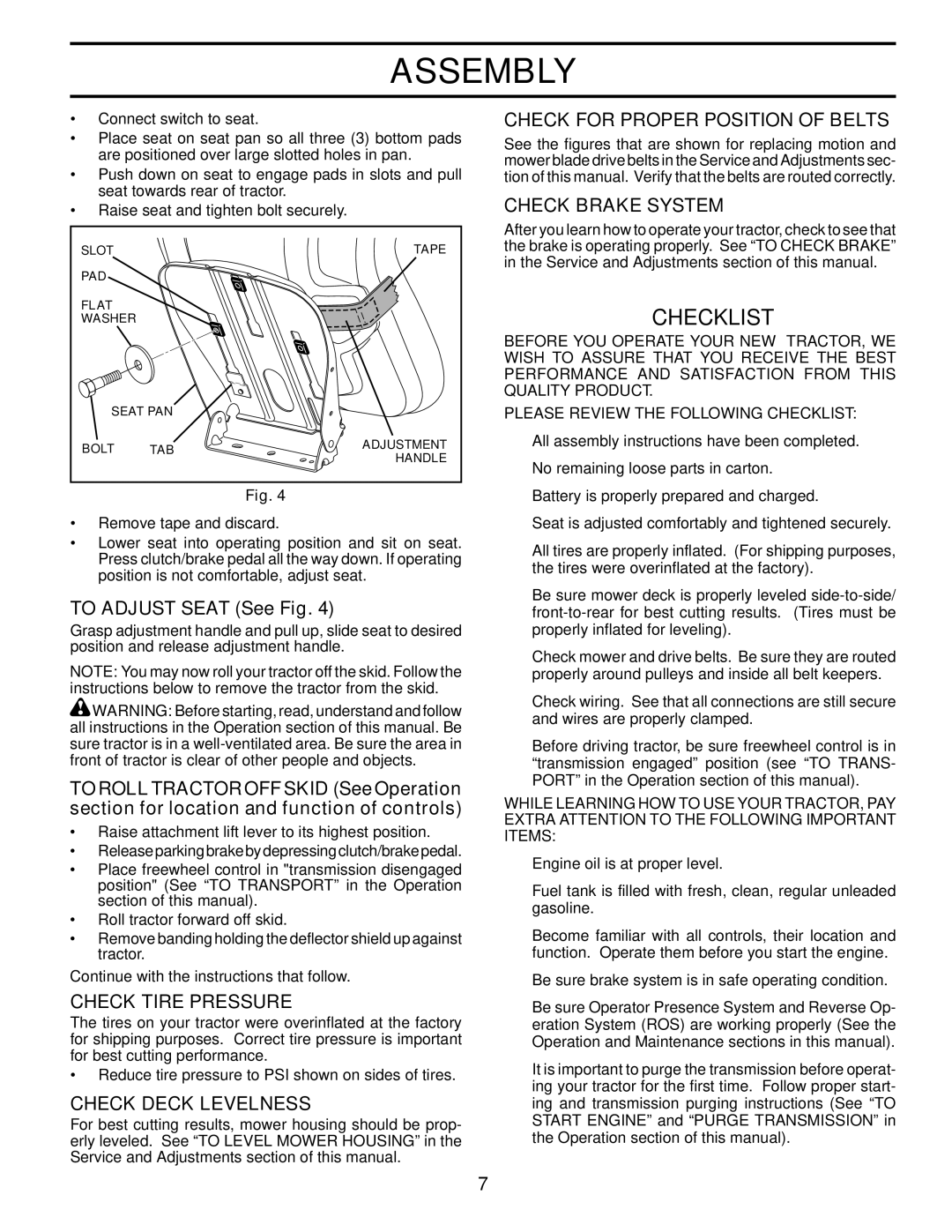 McCulloch 96041018001 manual To Adjust Seat See Fig, Check Tire Pressure, Check Deck Levelness 