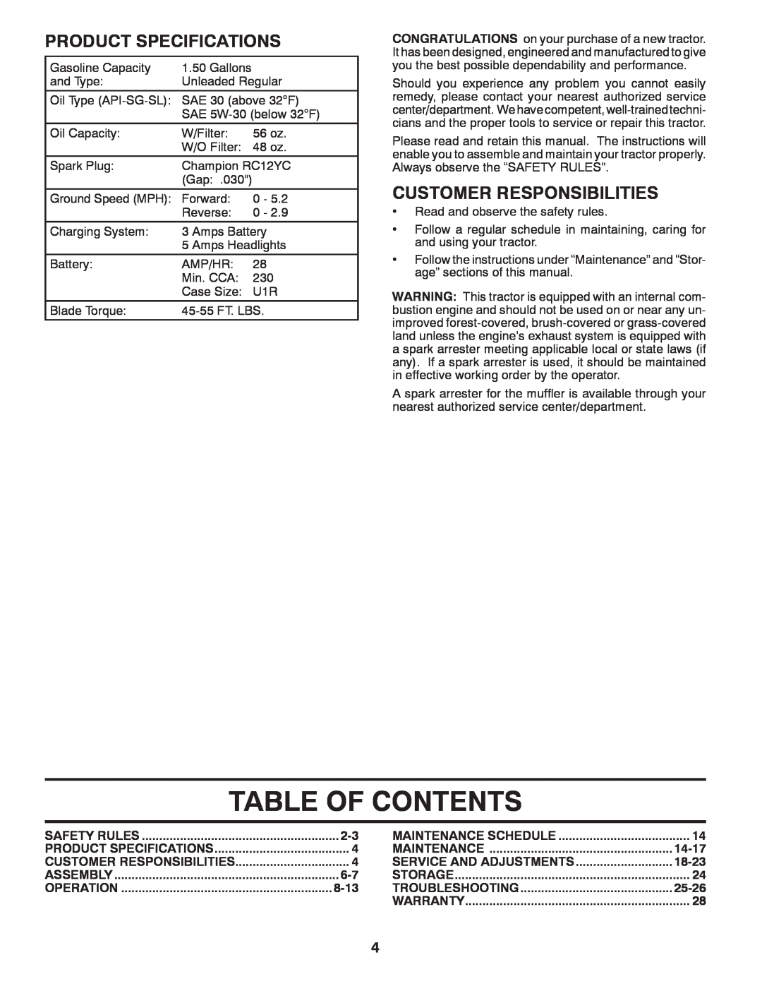 McCulloch 96041018001 manual Table Of Contents, Product Specifications, Customer Responsibilities 