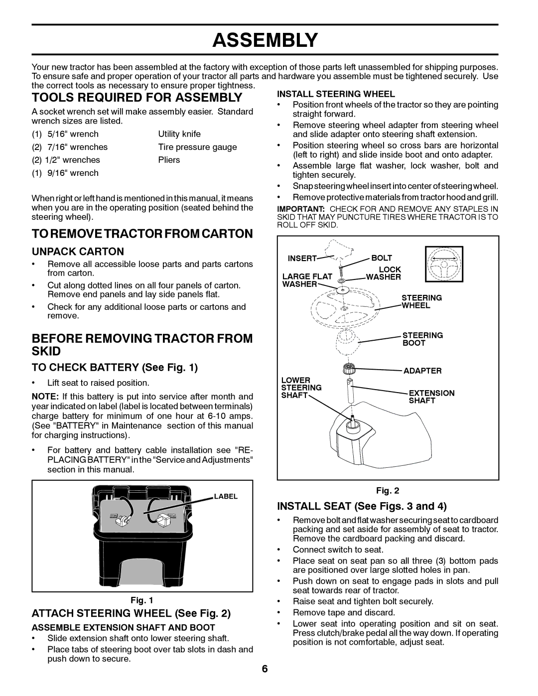 McCulloch 96042011400 Tools Required for Assembly, To Remove Tractor from Carton, Before Removing Tractor from Skid 