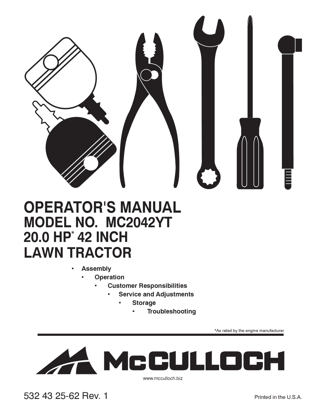 McCulloch MC2042YT, 96042011500 manual Operators Manual 