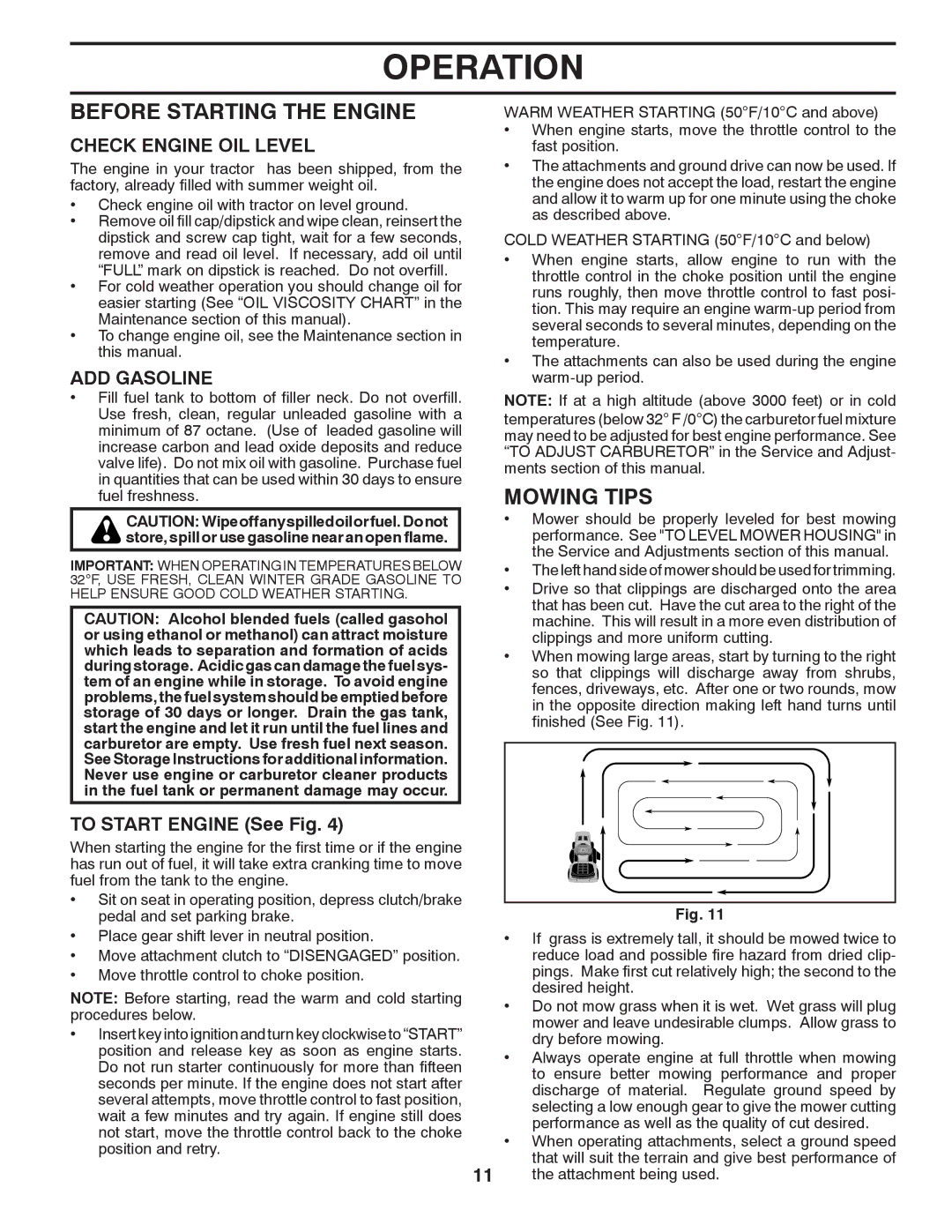 McCulloch MC2042YT Before Starting the Engine, Mowing Tips, Check Engine OIL Level, ADD Gasoline, To Start Engine See Fig 