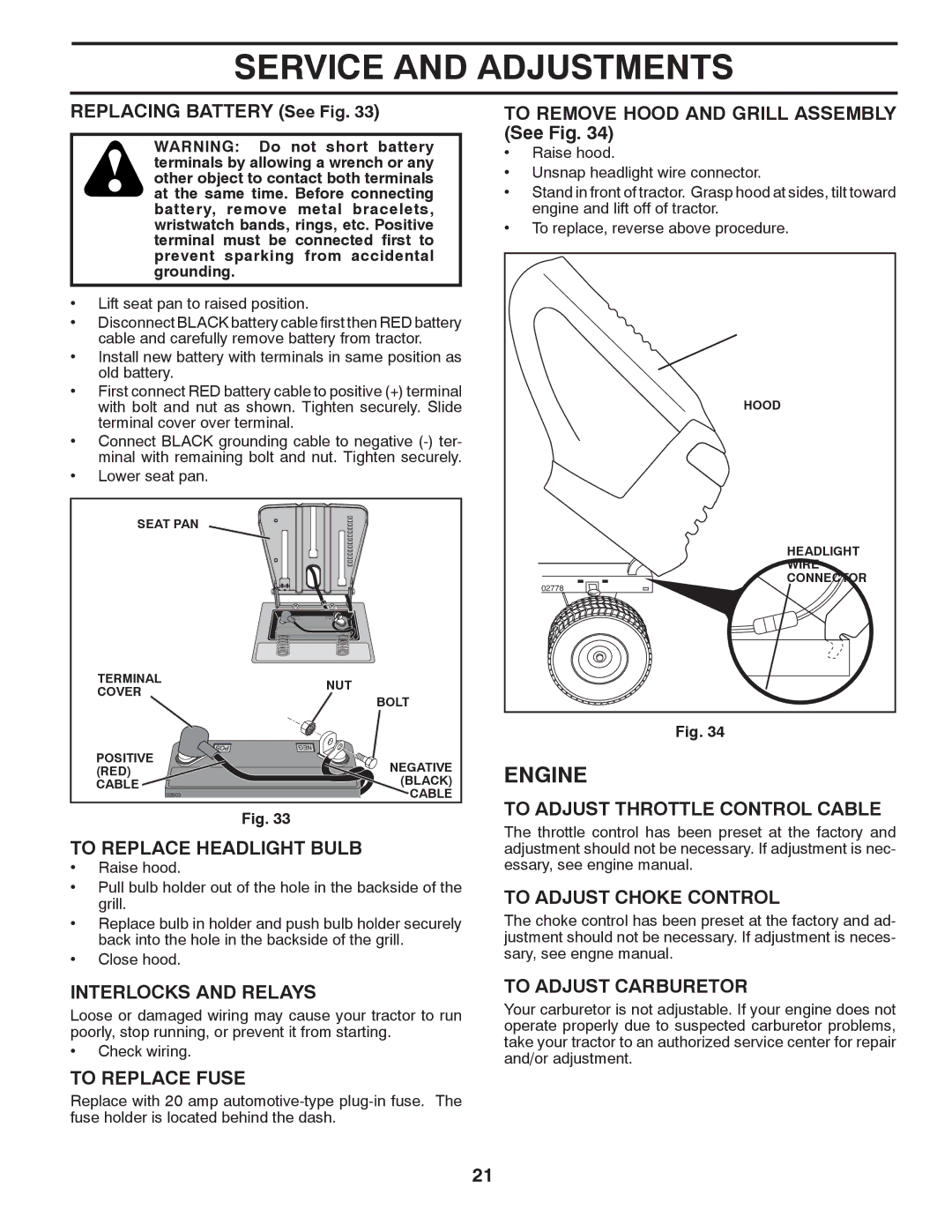 McCulloch MC2042YT To Replace Headlight Bulb, Interlocks and Relays, To Replace Fuse, To Adjust Throttle Control Cable 