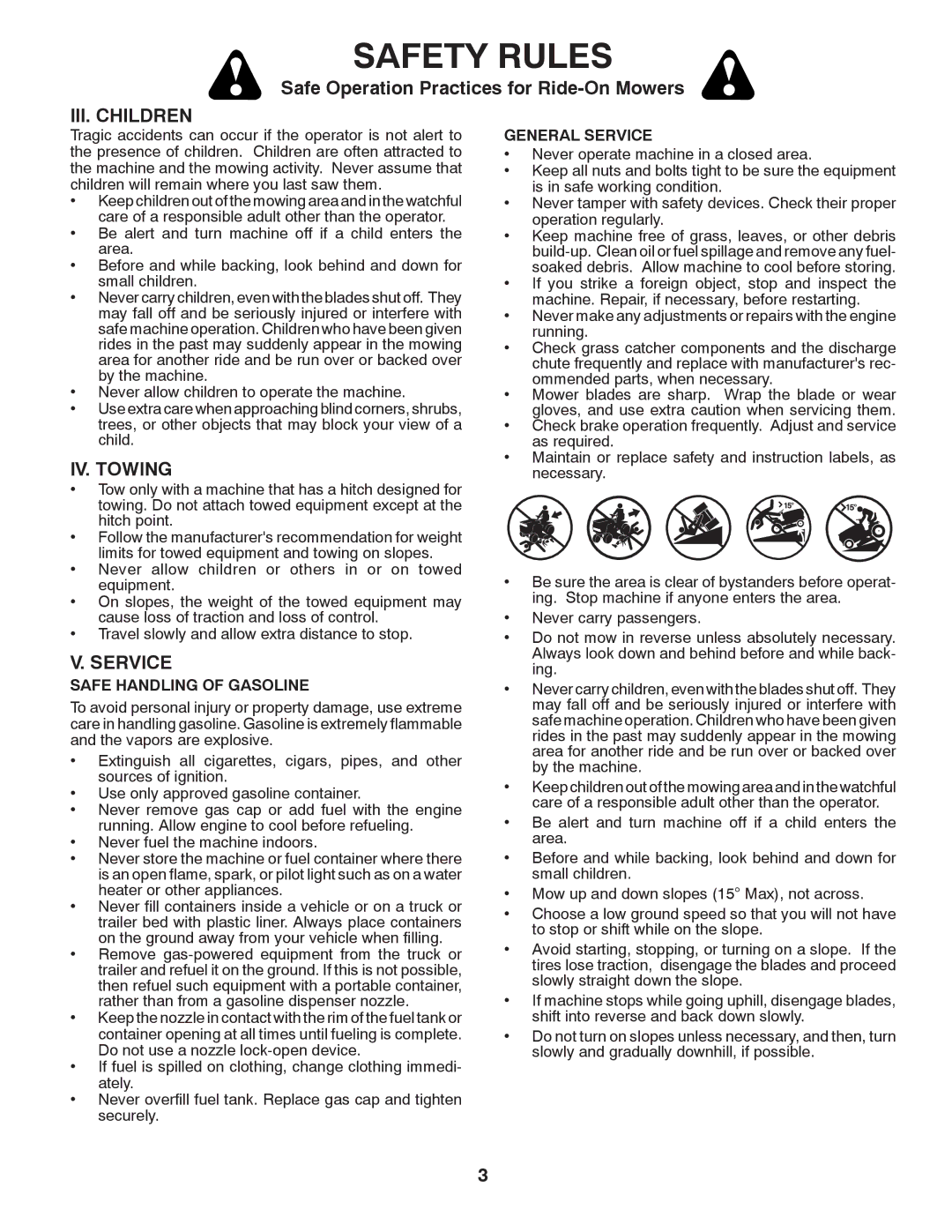 McCulloch MC2042YT, 96042011500 manual III. Children, IV. Towing, Safe Handling of Gasoline, General Service 