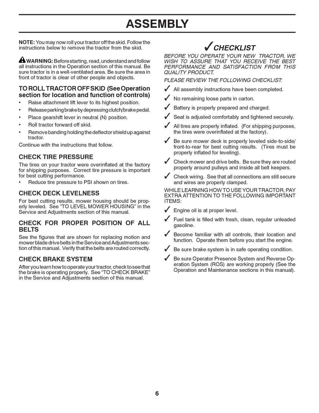 McCulloch 96042011500, MC2042YT manual Check Tire Pressure, Check Deck Levelness, Check for Proper Position of ALL Belts 