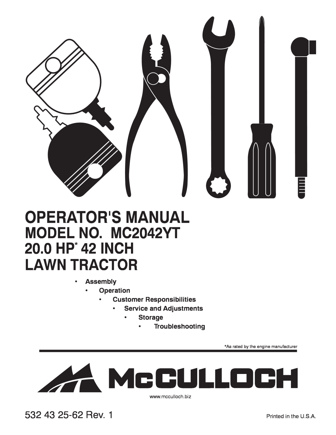 McCulloch MC2042YT manual Assembly Operation Customer Responsibilities, Service and Adjustments Storage, Troubleshooting 