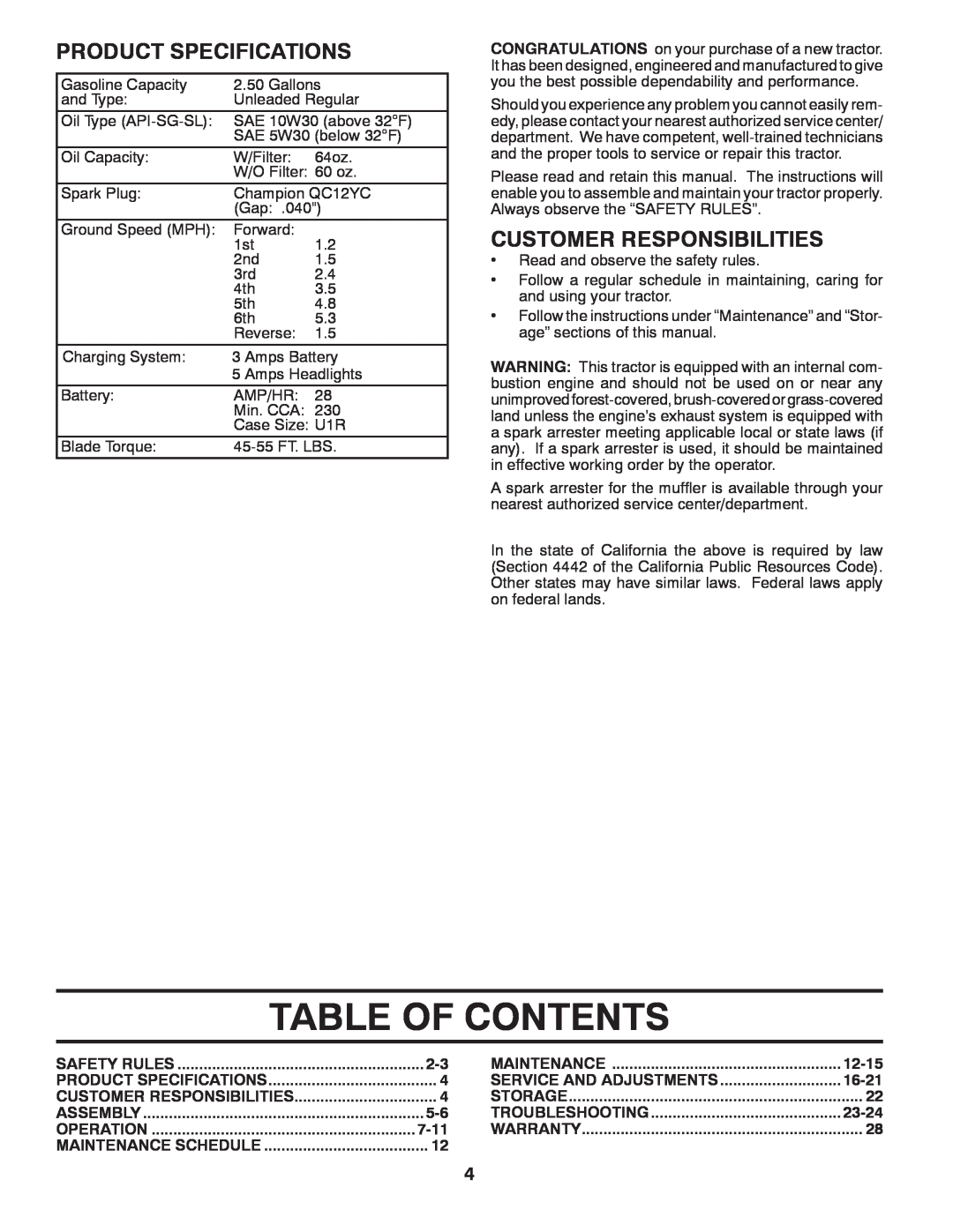 McCulloch 96042011500, MC2042YT manual Table Of Contents, Product Specifications, Customer Responsibilities 