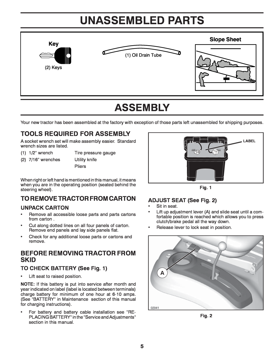McCulloch MC2042YT Unassembled Parts, Tools Required For Assembly, To Remove Tractor From Carton, Slope Sheet Key 