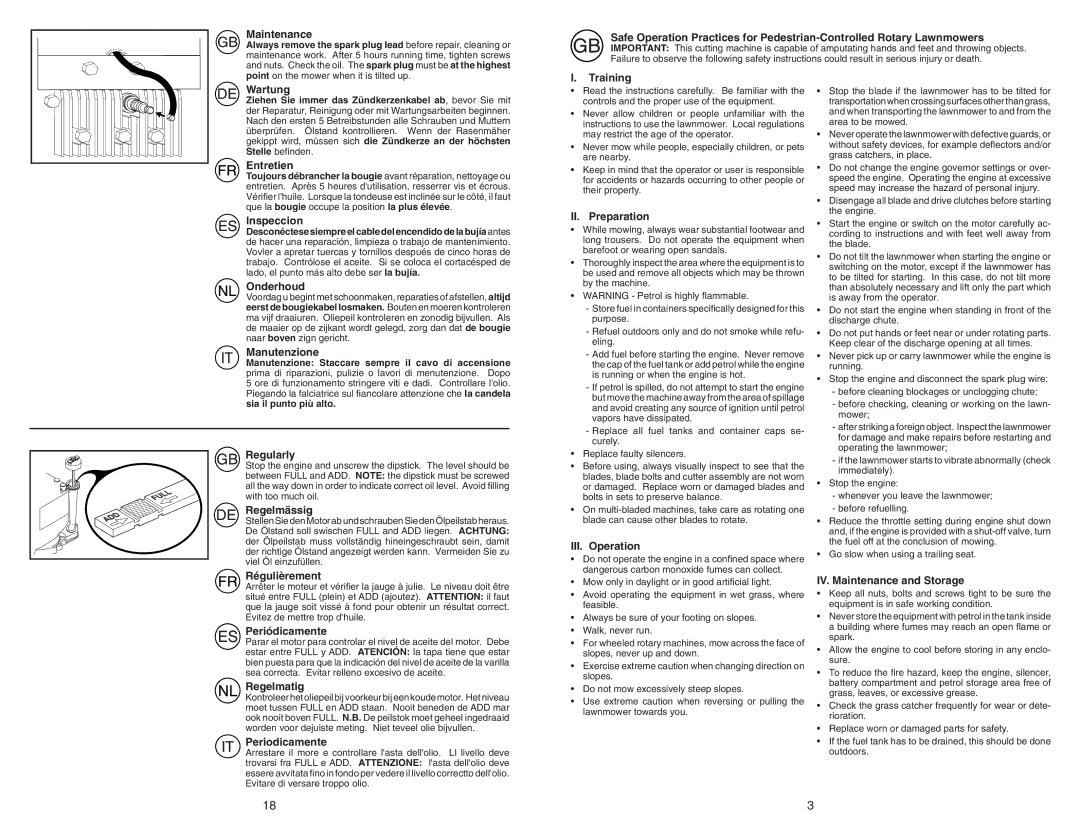 McCulloch 4051CM Maintenance, Wartung, Entretien, Inspeccion, Onderhoud, Manutenzione, Regularly, Regelmässig, Regelmatig 